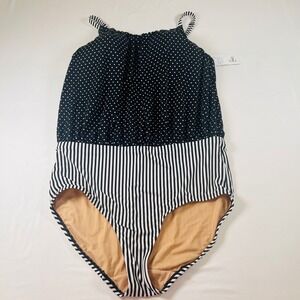 Cacique One Piece Swimsuit 14 Polka Dot Striped Black White Lightly Lined NWT